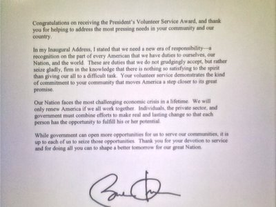 Letter From The White House (Barack Obama) Volunteer Service Award