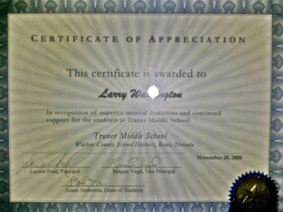 Traner Middle School Certificate of Appreciation 2008
