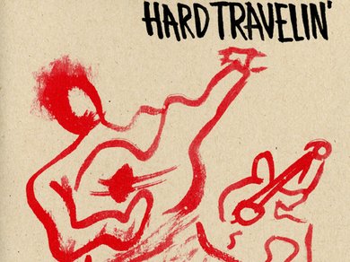 Hard Travlin poster, art by Woody Guthrie, published in 1996 by the Rock and Roll Hall of Fame