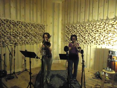 Natalie Cressman and Jackie doin Horns at the studio