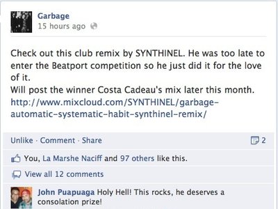 Garbage shared the link to my remix with their Facebook fans!