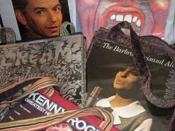 A few of the record album totes that can now be found exclusively on Main. St., Conway Village, NH.