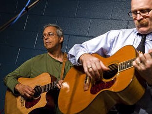 Neal Zweig, member of Sylvan Roots, and Bob Moore at Merrimack Library.