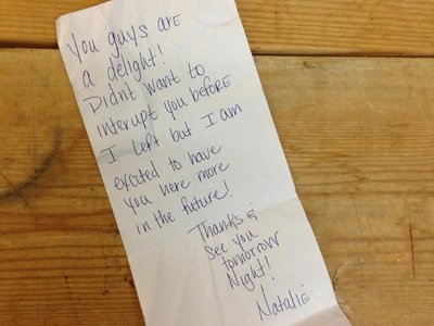 Awesome note from the Bartender that worked at Dajio's in Ocracoke while we played 3 nights in a row