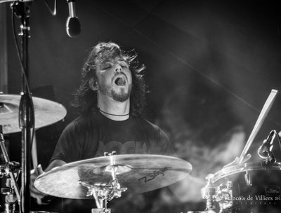 Marc hammering the kit! Gasping for air.