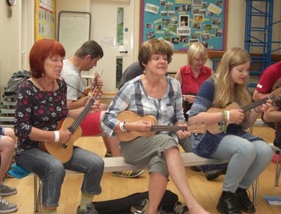 Improver uke players getting ready to perform later at Music On The Marr