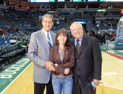 Cheryl at Bucks game, with Johnny "Mac" and Fox 6, prior to singing National Anthem 