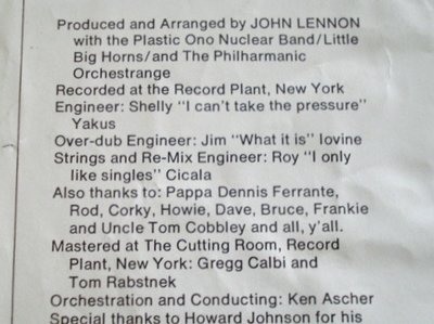 Credits on John Lennons "Walls And Bridges" My first at 17 yo as a RPS NY NY