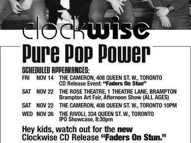 A poster to promote Clockwise's Faders On Stun album launch events.