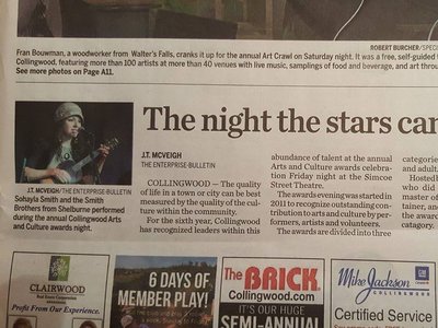 photo by JT McVeigh from the Enteprise-Bulletin at the Collingwood Arts & Culture Awards, 2016.