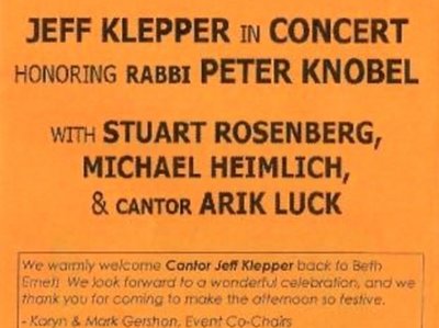 "Jeff Klepper in Concert...with Stuart Rosenberg, Michael Heimlich & Cantor Arik Luck" at Beth Emet