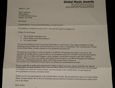 2 Silver Awards for Song and Band from The Global Music Awards