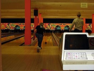 Clockwise at the bowling alley.