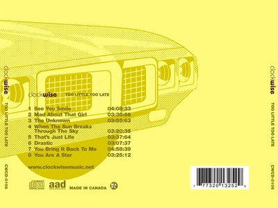 The back cover for Clockwise's 2007 album Too Little, Too Late.