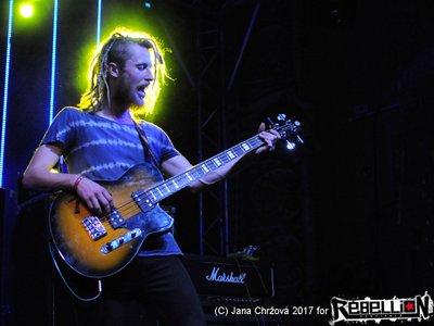 Bass player John Howell rocking out at Rebellion festival... saintly!