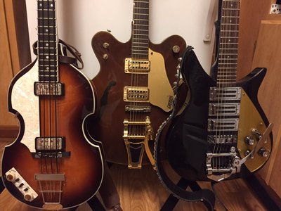 Instruments used during early years set! HÃ¶fner Bass, Gretsch Country Gentleman, & Rickenbacker 325