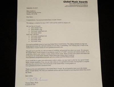 Our letter of authenticity for our 2 new Global Music Awards !!!!