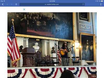 Onstage at Faneuil Hall singing  #We'reStillIn, Boston Greenfest, August 2017