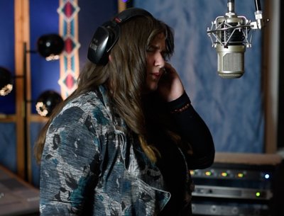 Bridgette Lewis recording vocals for the song "I Have Nothing"