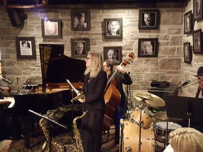 Home Smith Bar, Old Mill Inn. Feb/19. Colleen Allen: sax, Jim Gelcer:drums, Peter Telford: bass