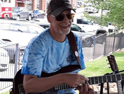 Playing bass at a gig in Cripple Creek Colorado, August 2019