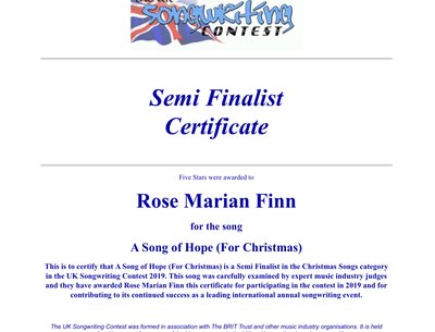 SEMI FINALIST IN UKSC Song Writing completion
