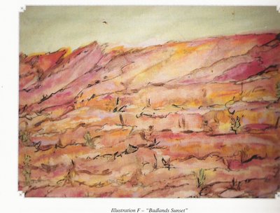 "Badlands Sunset" - an original watercolour by Dawn M. Nevills (in "Poems from Butterscotch Cottage"