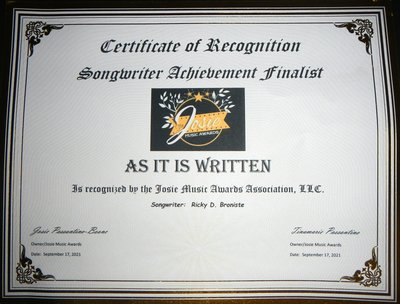 I almost won and this 7th Annual Josie Music Award certificate, states that fact.