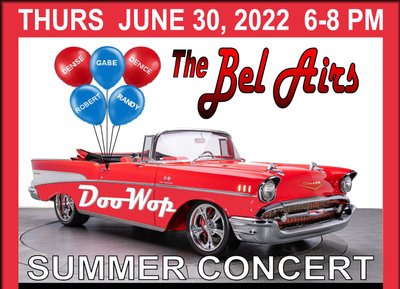 THE BEL AIRS ~ SUMMER CONCERT JUNE 30, 2022  6-8 PM  KIMBALL LIBRARY 5 Academy Ave, Atkins