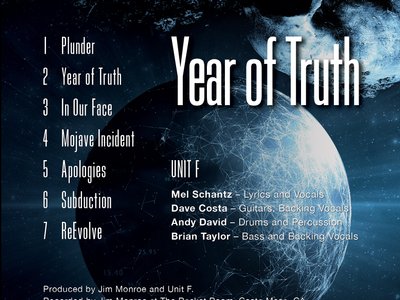Year of Truth: track listing and credits. Art by John Mairs