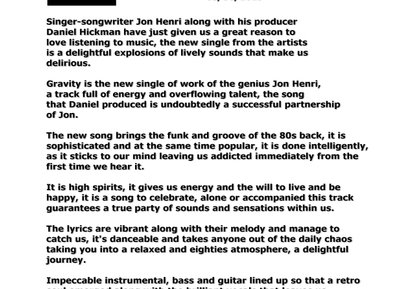 PRESS RELEASE: Review On "Gravity" From Portugal's indieoclock.com