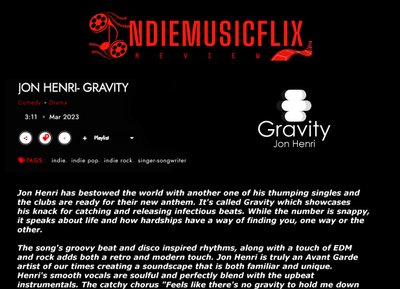 PRESS RELEASE: indiemusicflix review on "Gravity" March 31st, 2023