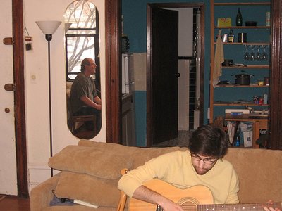 Paul Levinson (in mirror) and Mike Grynbaum (on guitar) rehearsing The Soft of Your Eyes, March 2010