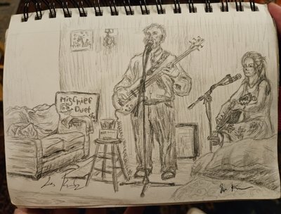 Drawing of Les & Joyce by a fan at the Fig Tree