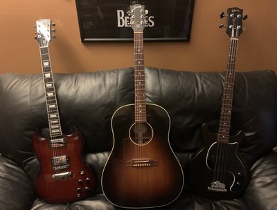 A Trio of Gibsons! SG Standard, J45 and Les Paul Short Scale Bass. Wonderful threesome!