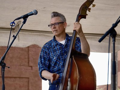 Matias Camino and his vintage Kay bass on the main stage at Rockabillaque Charleston, SC 2024