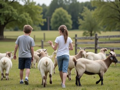 Kids chasing goats on farm