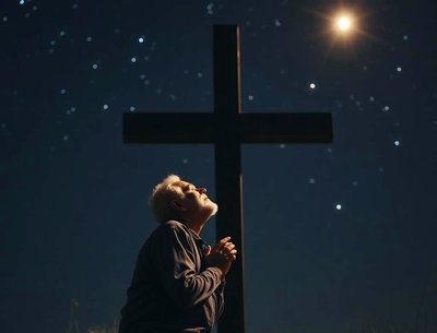 Man praying by cross looking at the sky