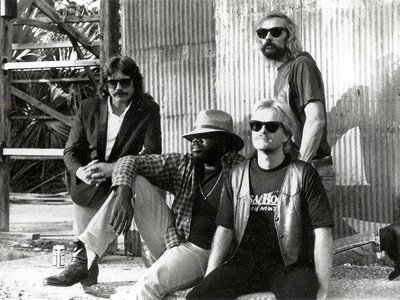 Smokehouse , '91, l to r: Ture Haig, Anthony"Packrat" Thompson, Robert, Gary Bavis at King Snake.