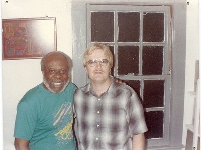 Rufus Thomas and Robert at the top of the stairs at King Snake Studios, Sanford,Fl in 1987.