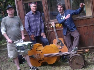 Us in a bloke's garden after Bloxfest. That's a real-life steam-engine ticket office y'know!