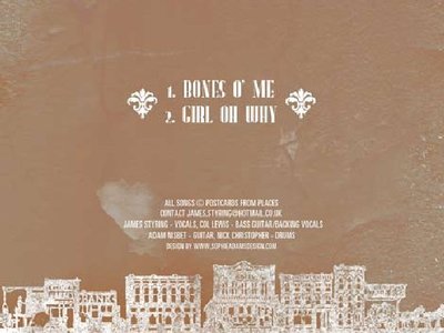 The back cover for Postcards From Places That Don't Exist's 2011 single Bones O' Me.