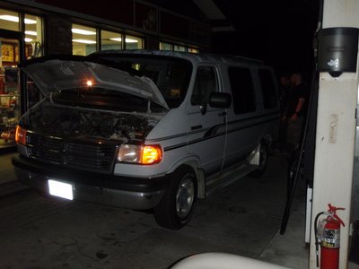 The Cortez van spewing oil on the 3rd night of the tour in Massachusetts at 4AM