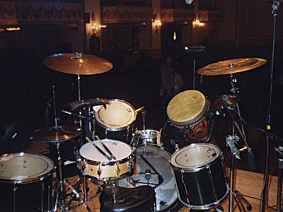 My Pearl kit w/ other percussion, used for Reflecting Skin gigs, early 2000s